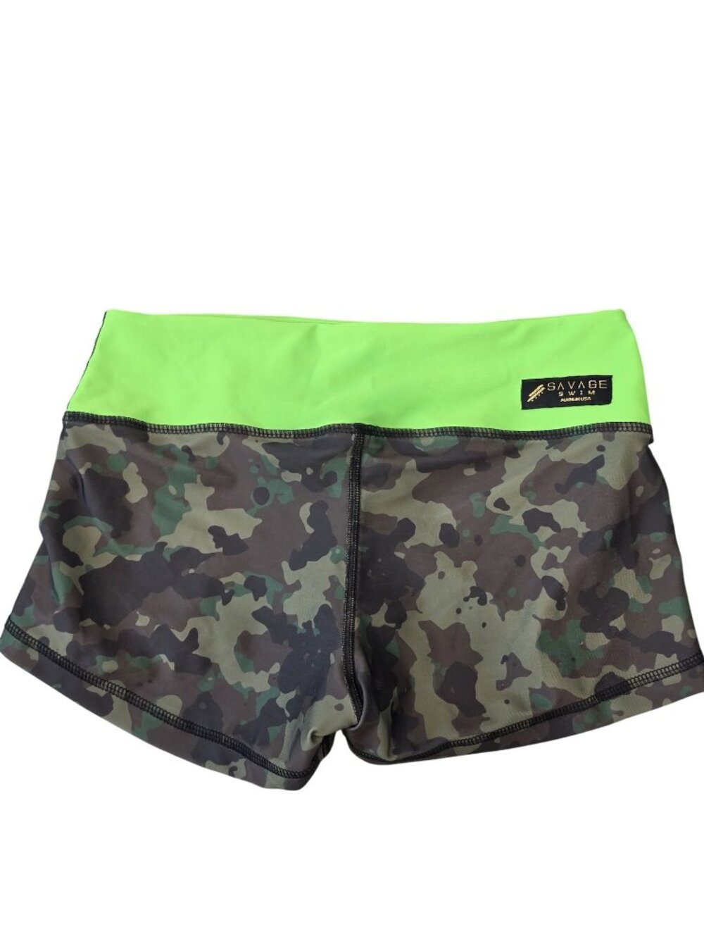 Savage Swim Womens Camo & Neon Green Swim Shorts size S work out boot shorts